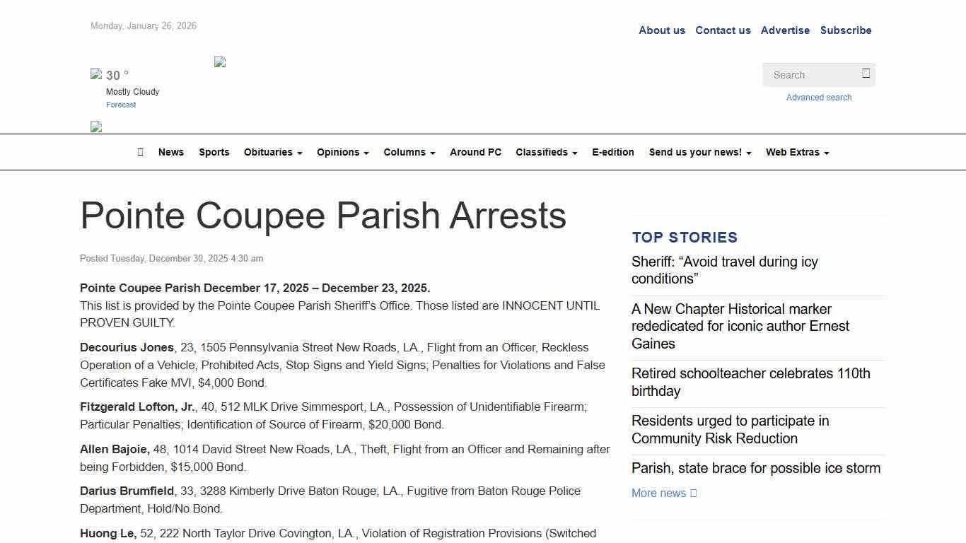 Pointe Coupee Parish Arrests - Pointe Coupee Banner
