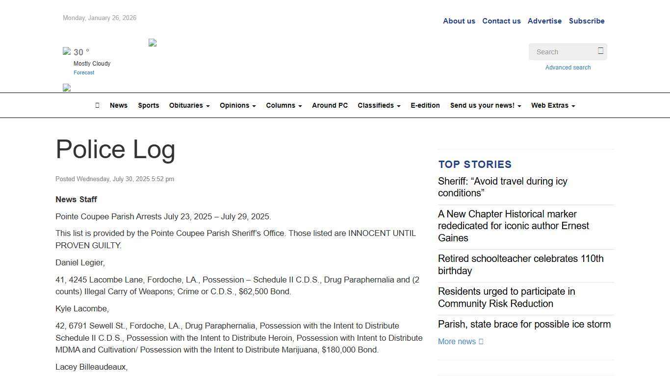 Police Log - Pointe Coupee Banner