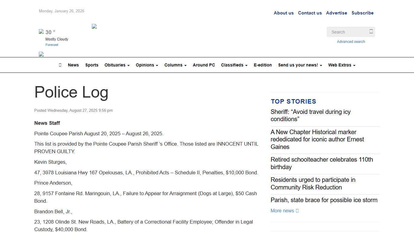 Police Log - Pointe Coupee Banner